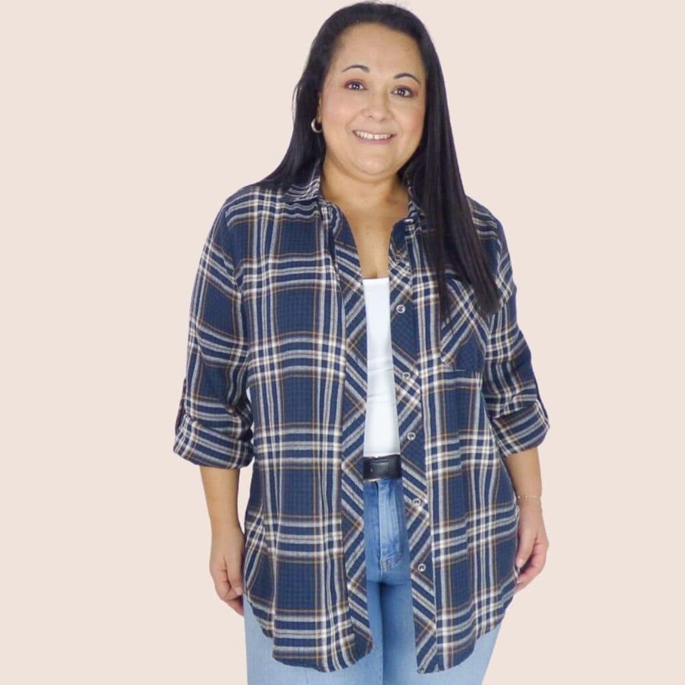 Plaid Plus Shirt with Roll up Sleeve Detail